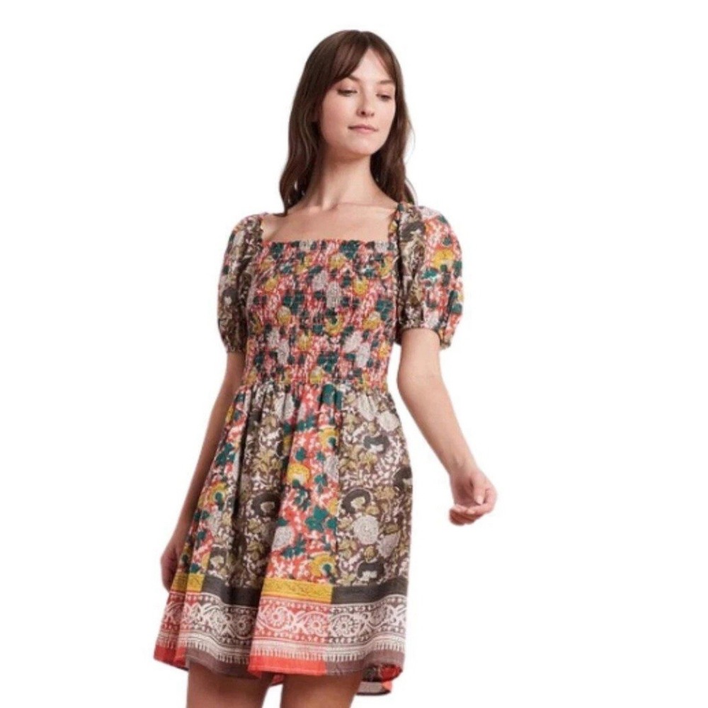 Velvet by Graham & Spencer Taria Smocked Mini Dress XS Square Neck Puff Sleeve